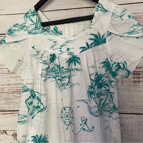 Vintage Hawaii Kole Kole Ruffled Turquoise Map print Dress with pocket - Picture 4 of 15